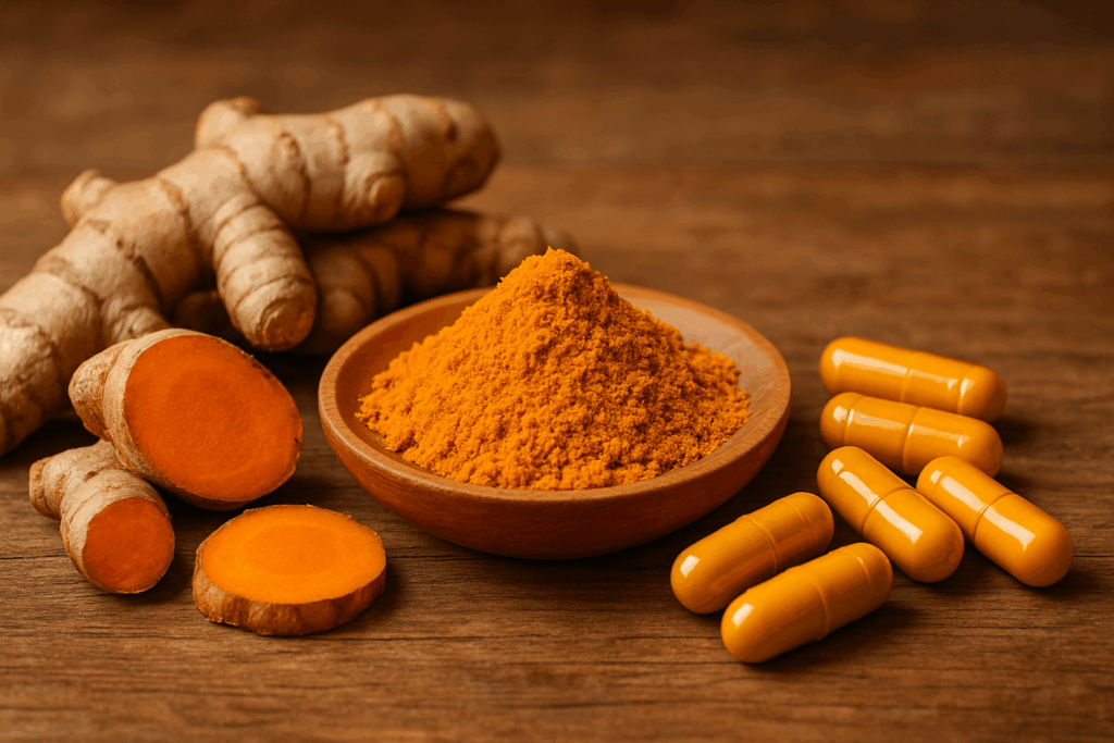 Turmeric root, turmeric powder, and curcumin capsules displayed on a wooden table representing best anti inflammatory supplements for back pain