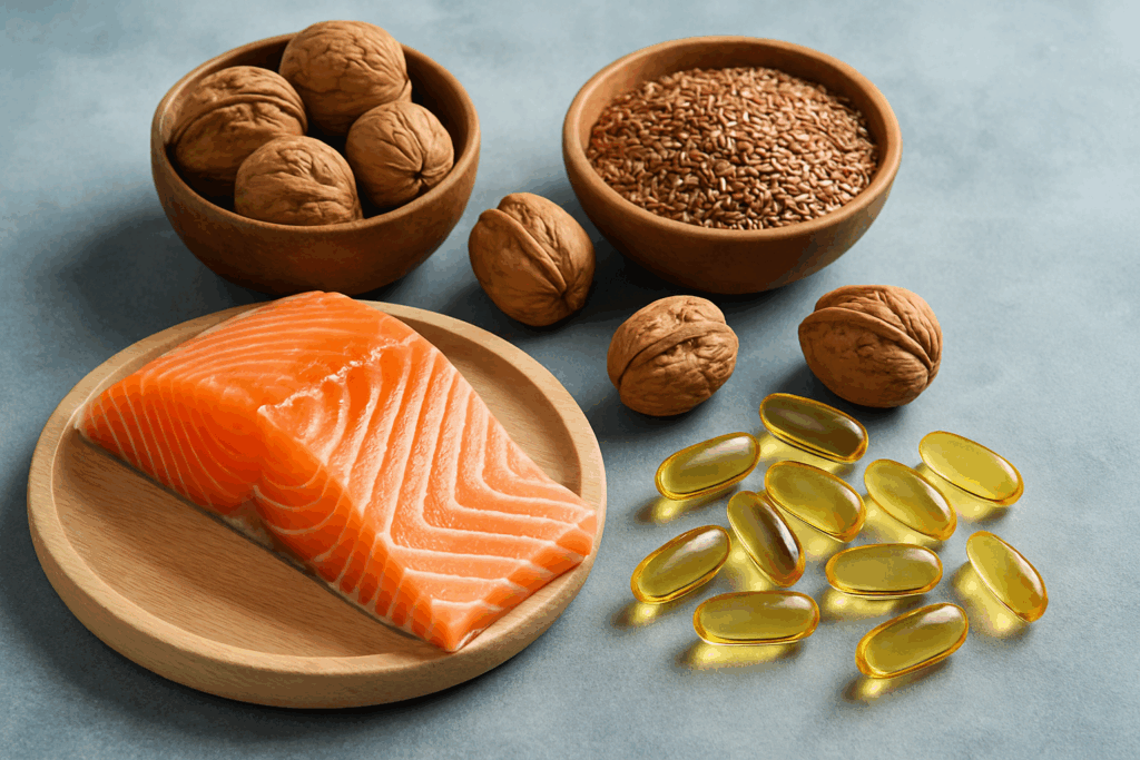 Fresh salmon fillet, walnuts, flax seeds, and fish oil capsules displayed on a cool-toned surface as the best anti inflammatory supplements for back pain.
