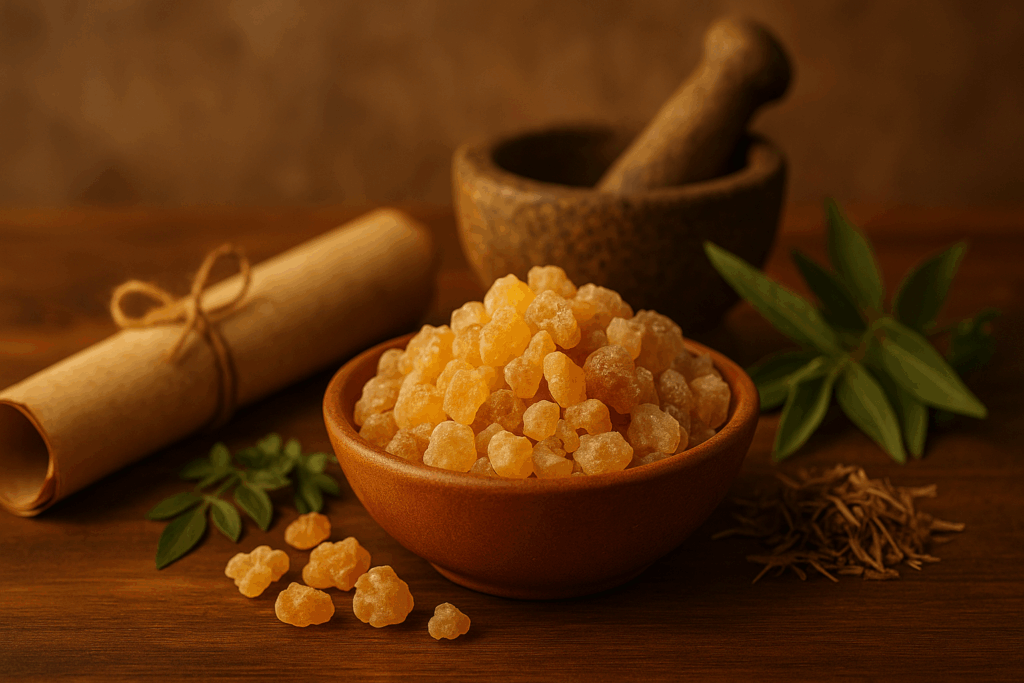 Boswellia resin in a clay bowl with Ayurvedic herbs and tools, representing the best anti inflammatory supplements for back pain.