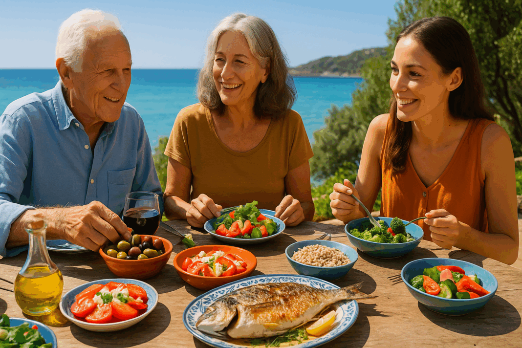 Family enjoying a colorful outdoor meal featuring grilled fish, vegetables, and olives by the sea, showcasing the Mediterranean diet anti inflammatory lifestyle.