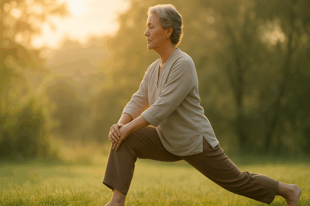 Middle-aged person doing a sunrise lunge in nature to show how to relieve arthritis knee pain naturally through movement and mindfulness.