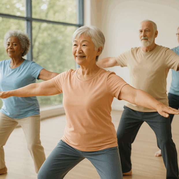 Older adults practicing tai chi in a bright studio to show how to relieve arthritis knee pain naturally through movement and balance exercises.