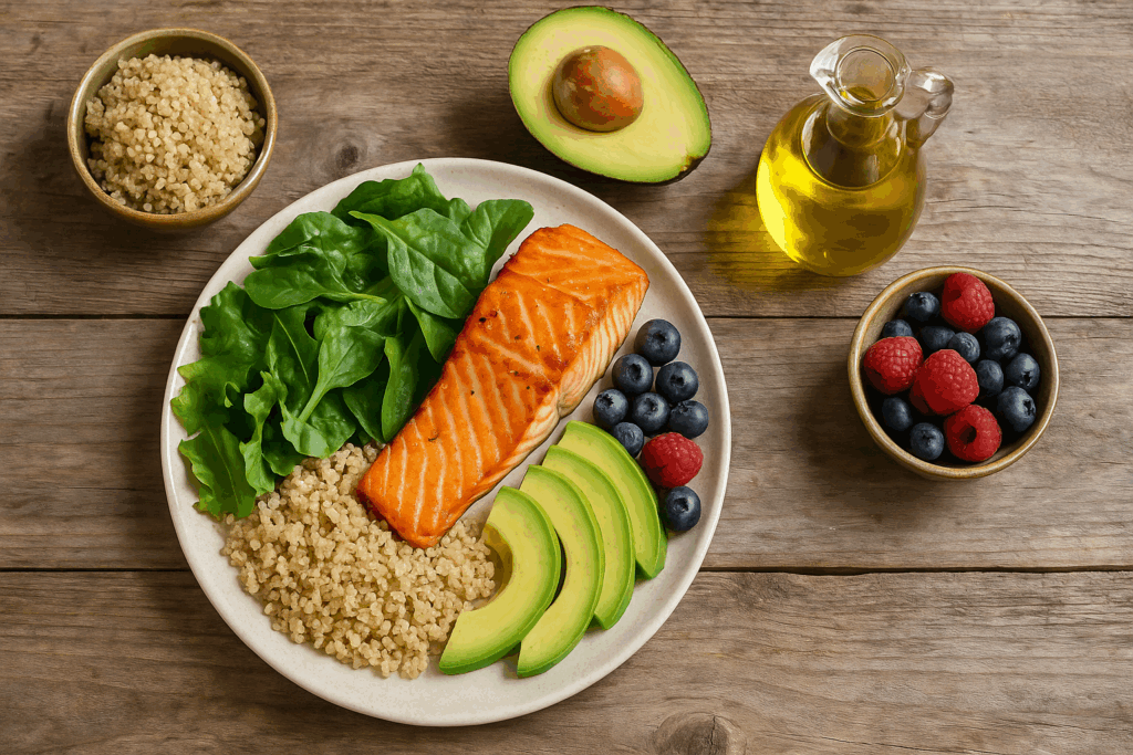 Grilled salmon with leafy greens, quinoa, avocado, berries, and olive oil on a rustic table—foods that support how to relieve arthritis knee pain naturally.