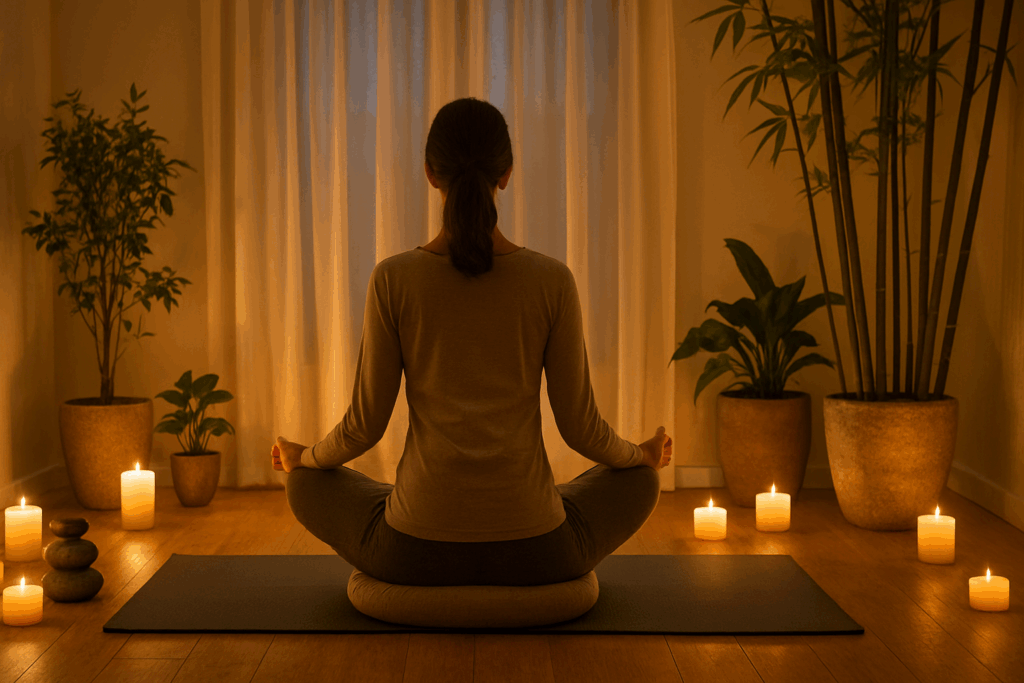 Person meditating in a serene candlelit room with plants and a yoga mat, practicing mindfulness to explore how to relieve arthritis knee pain naturally.