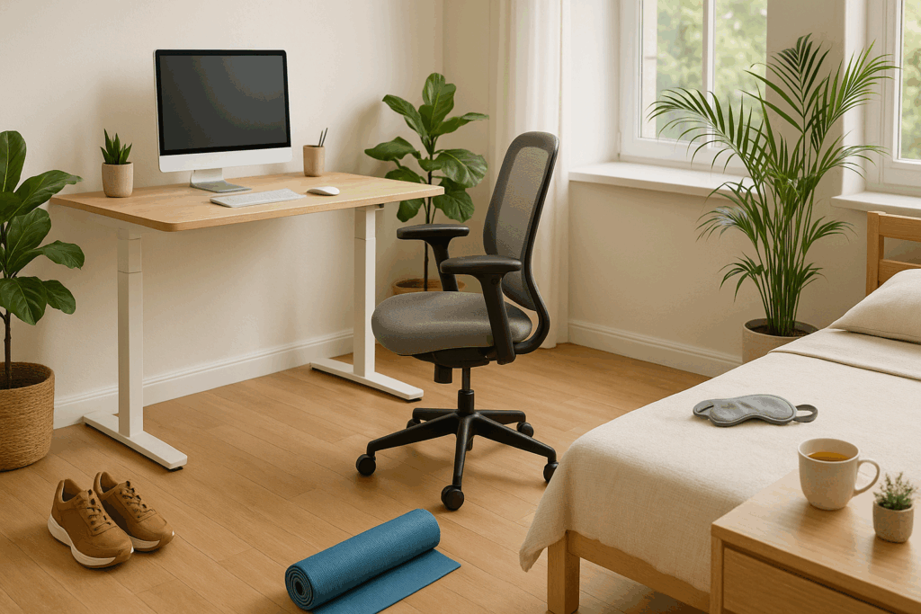 Bright wellness-focused home with ergonomic desk setup, yoga mat, and natural light showing how to relieve arthritis knee pain naturally.