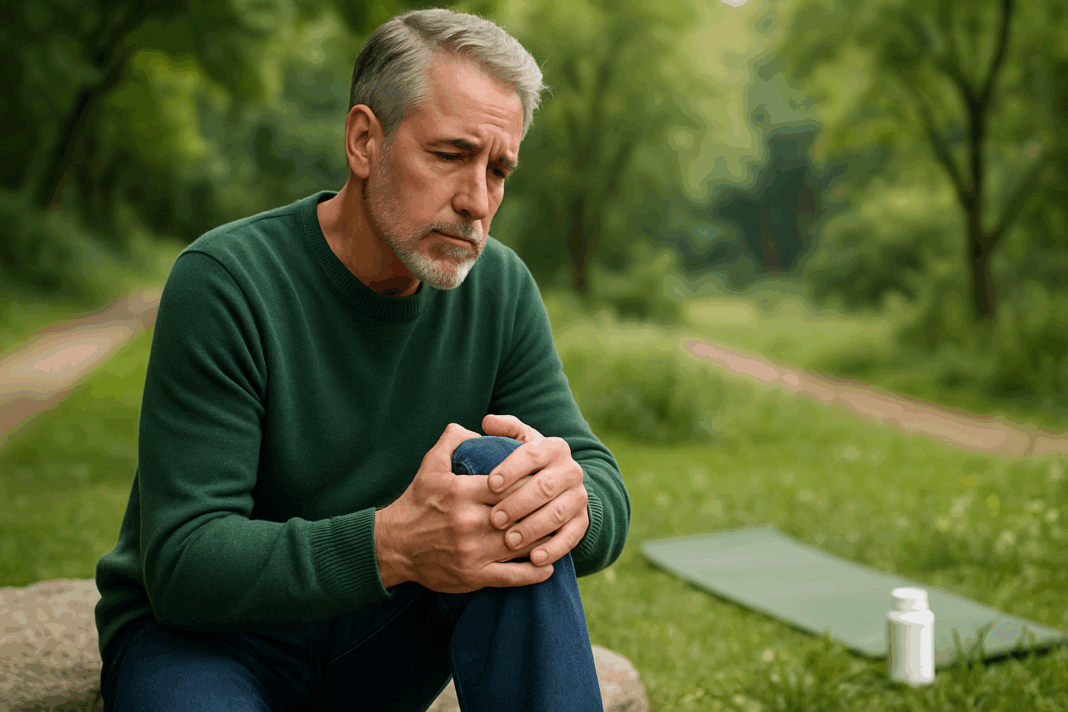 Mature man sitting outdoors holding his knee in pain, evaluating the best over the counter arthritis medication for joint relief in a nature setting