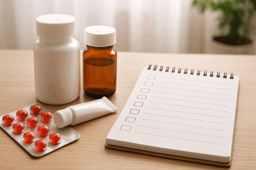 Flat-lay of the best over the counter arthritis medication options, including pill bottles, blister packs, and topical cream beside a checklist on a wooden table.
