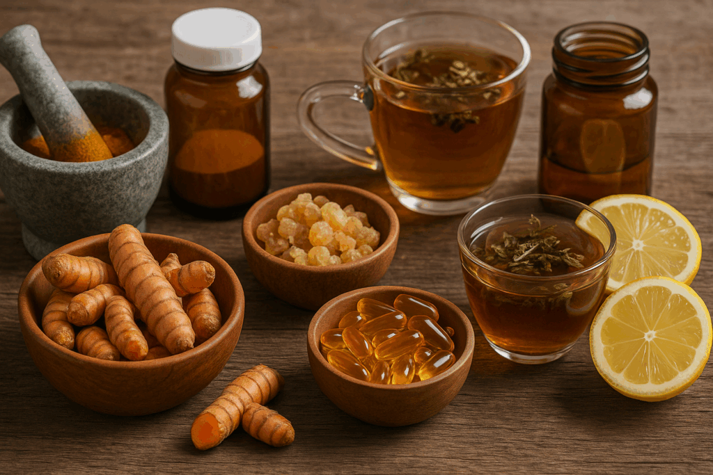 Natural ingredients often found in the best over the counter arthritis medication, including turmeric, Boswellia resin, omega-3 capsules, and herbal tea on a rustic table.