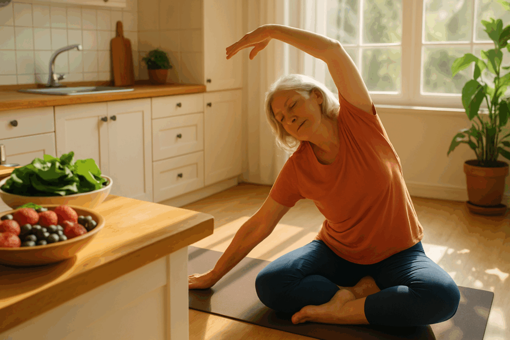 Older woman stretching on a yoga mat in a sunny kitchen with berries and greens nearby, promoting lifestyle support for best over the counter arthritis medication.