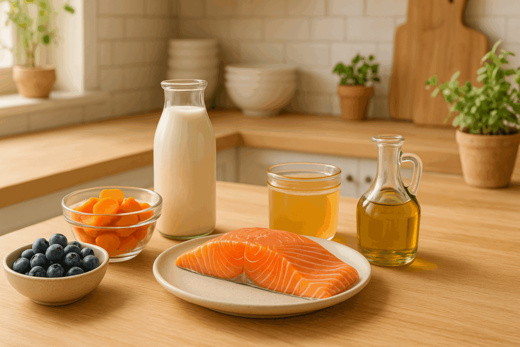 Kitchen counter with salmon, kefir, blueberries, carrots, bone broth, and olive oil—foods recommended for an ulcerative colitis diet