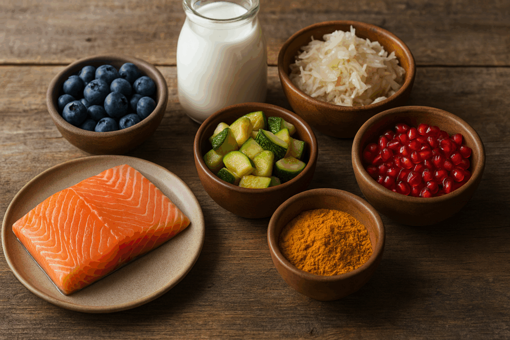 Flat lay of anti-inflammatory foods for an ulcerative colitis diet, including salmon, kefir, sauerkraut, blueberries, zucchini, pomegranate seeds, and turmeric.