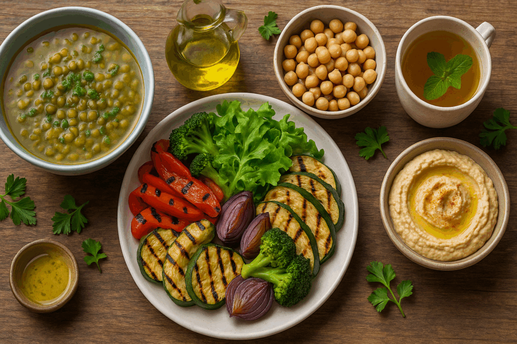Grilled vegetables, lentil soup, chickpeas, hummus, and herbal tea arranged as part of a gut-friendly ulcerative colitis diet.