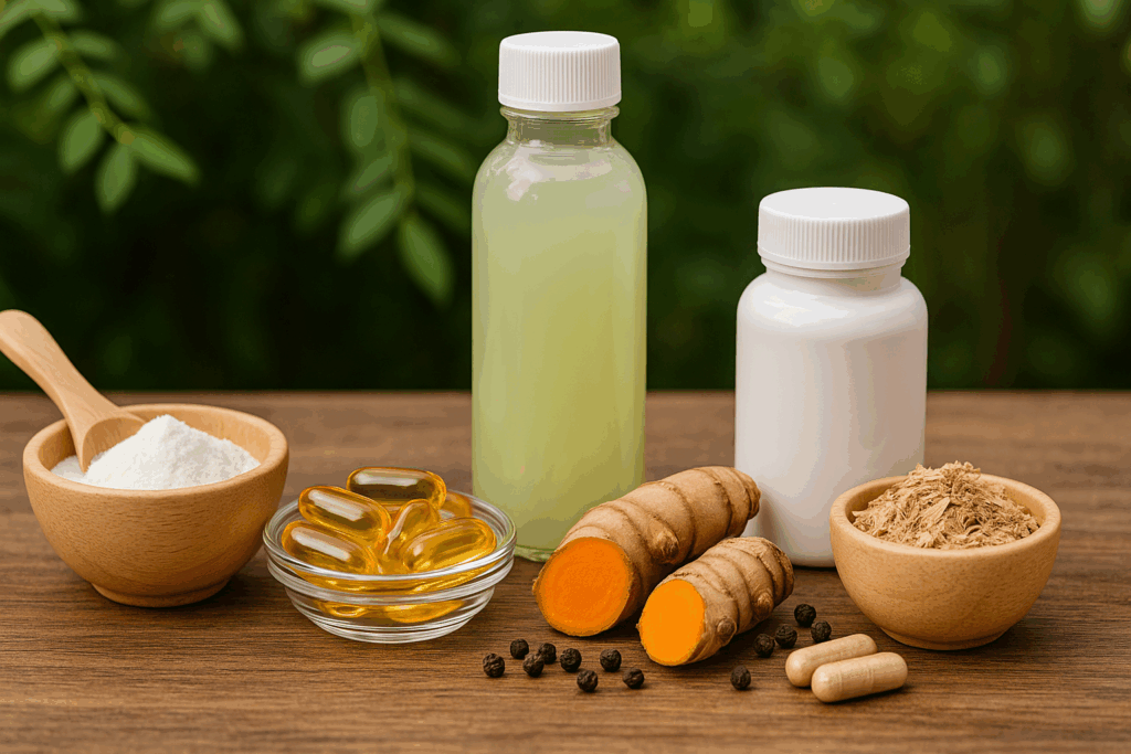Supplements and functional foods commonly used in an ulcerative colitis diet, including L-glutamine powder, fish oil capsules, turmeric with black pepper, aloe vera juice, slippery elm bark, and probiotics on a wooden table.