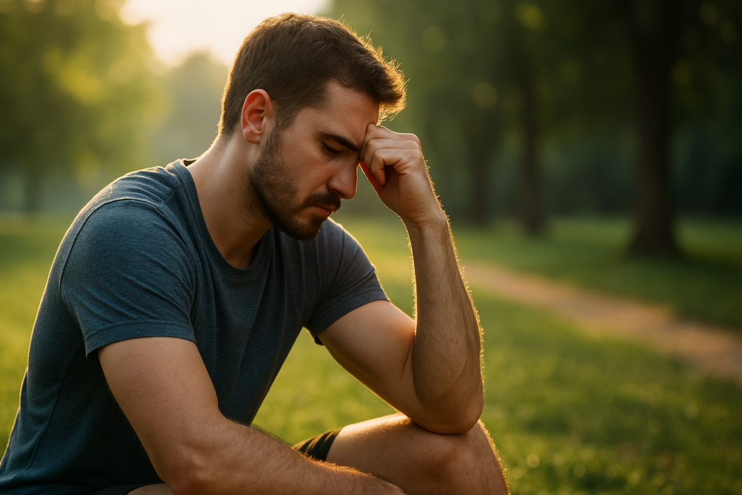 A young man sits alone in a sunlit park during early morning hours, bathed in soft natural light, his thoughtful posture symbolizing the introspective journey of enhancing mitochondrial health naturally.