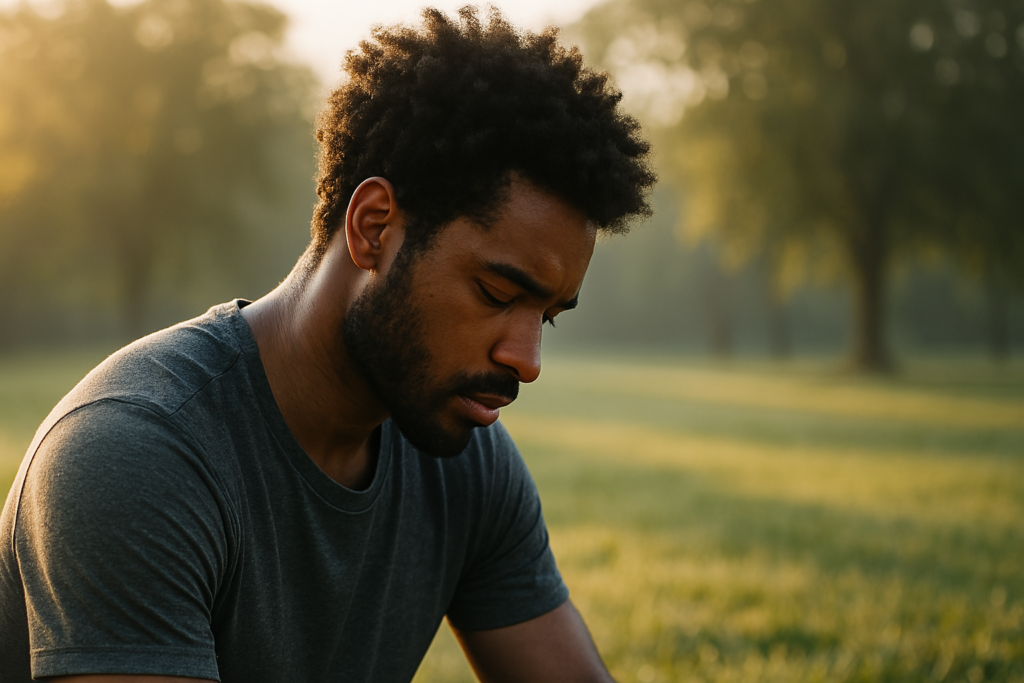 A young man in a park setting sits quietly in early morning sunlight, his expression contemplative as he reflects on health and balance. The warm, golden light and serene natural background evoke a sense of inner focus, tying to the article’s theme of improving mitochondrial health through lifestyle and mindset.