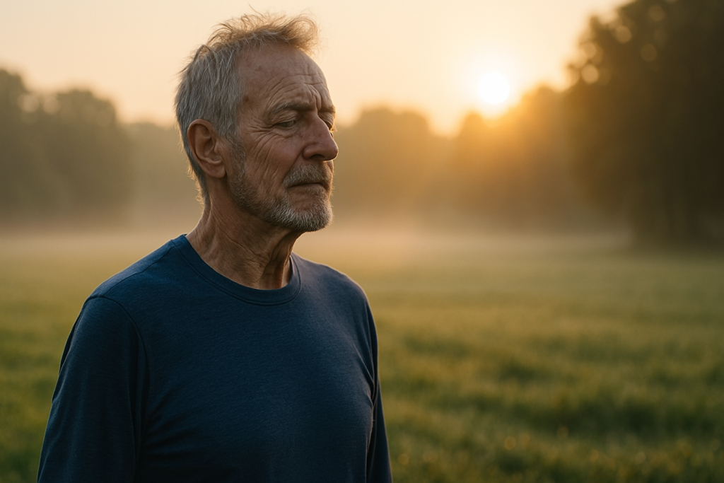 An elderly man stands quietly in a dew-covered field at sunrise, his calm demeanor and reflective expression embodying themes of natural aging and energy renewal. The expansive outdoor setting and gentle morning light emphasize the article’s focus on restoring mitochondrial health through mindful, nature-connected living.