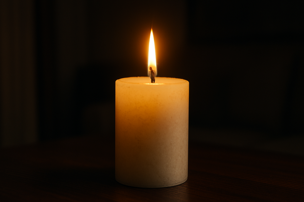 A single lit candle in a darkened room casts a soft glow across a wooden surface, symbolizing cellular rejuvenation and quiet healing. The minimal, moody lighting complements the article’s exploration of subtle, natural approaches to increasing mitochondrial function and energy.