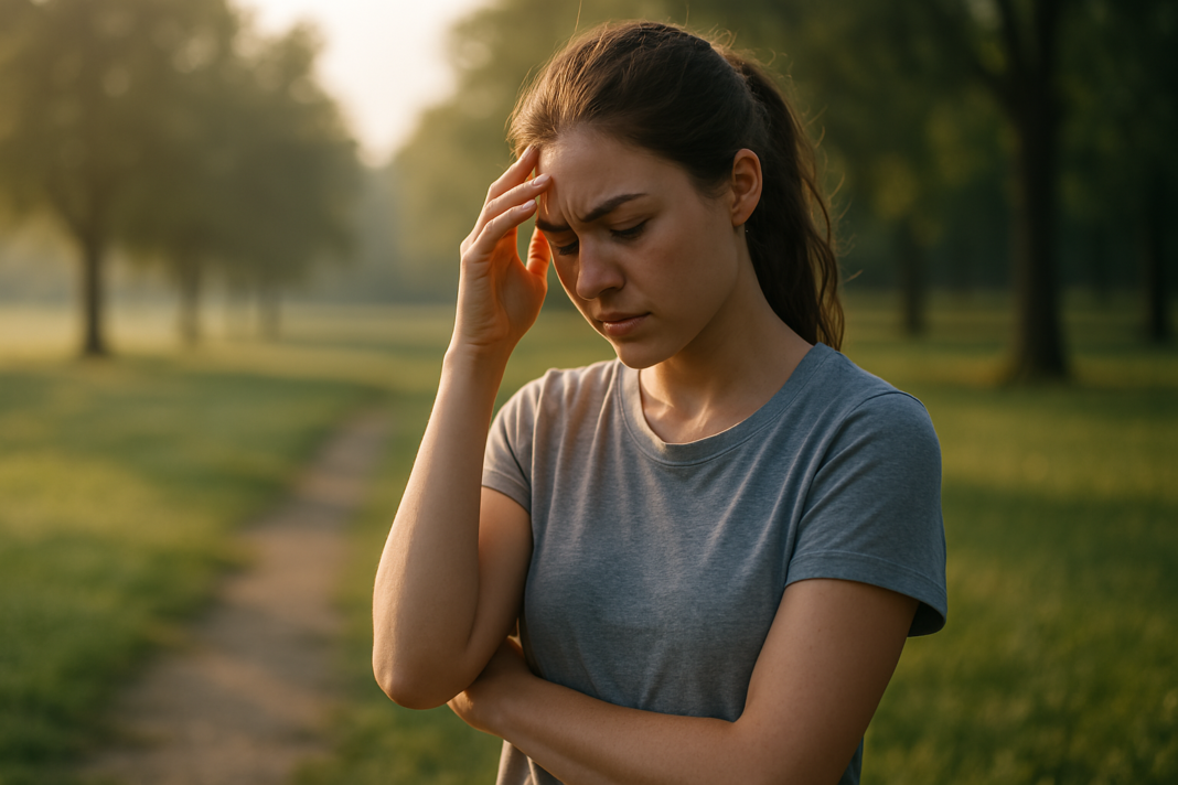 A young woman stands alone in a serene park bathed in soft morning light, her pensive expression reflecting internal contemplation. The tranquil natural setting and warm sunlight visually evoke the complex role of mitochondria in human energy and cellular balance.