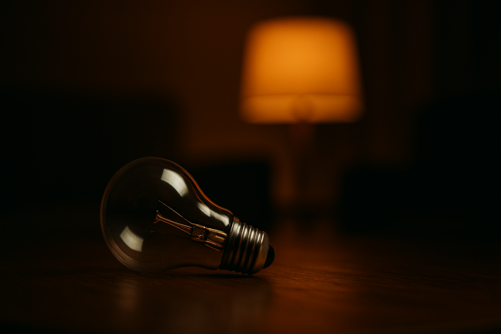 A close-up of an unlit light bulb resting on a wooden table in a moody, low-lit room subtly symbolizes energy depletion. The image's warm shadows and quiet tone visually represent the hidden vulnerabilities of mitochondria, the body's cellular powerhouses.