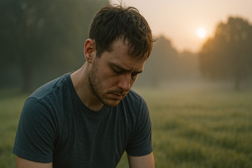 A young man stands in a foggy field at dawn, his head bowed and eyes closed as soft morning light touches his tired face. The outdoor setting and solitary posture evoke a deep sense of physical depletion and mental fatigue, representing the cellular collapse and energy loss that would occur if the mitochondria were destroyed during cellular respiration.