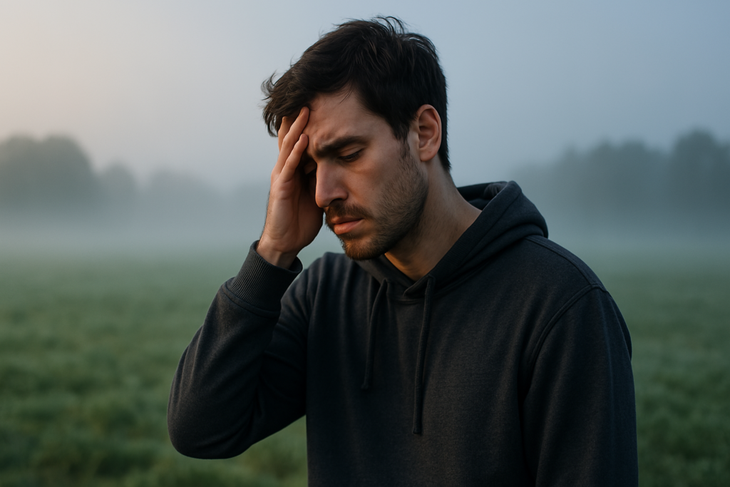 A tired young man stands alone in a fog-covered field at sunrise, his eyes closed and brows furrowed as he appears physically drained. The soft natural light and misty background evoke a somber, introspective mood that reflects the article's theme of energy collapse and biological dysfunction caused by mitochondrial destruction during cellular respiration.