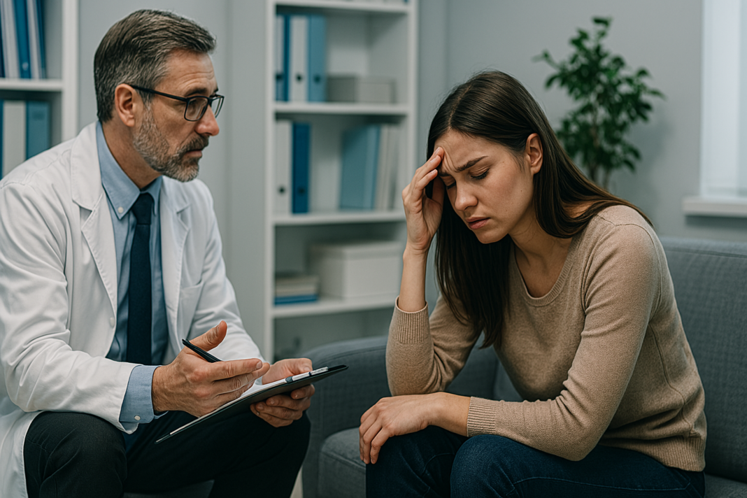A healthcare professional consults with a concerned young woman in a brightly lit clinical office with cool fluorescent lighting. Their serious interaction highlights the real-world implications of mitochondrial failure, emphasizing the cellular and systemic consequences of impaired energy metabolism.