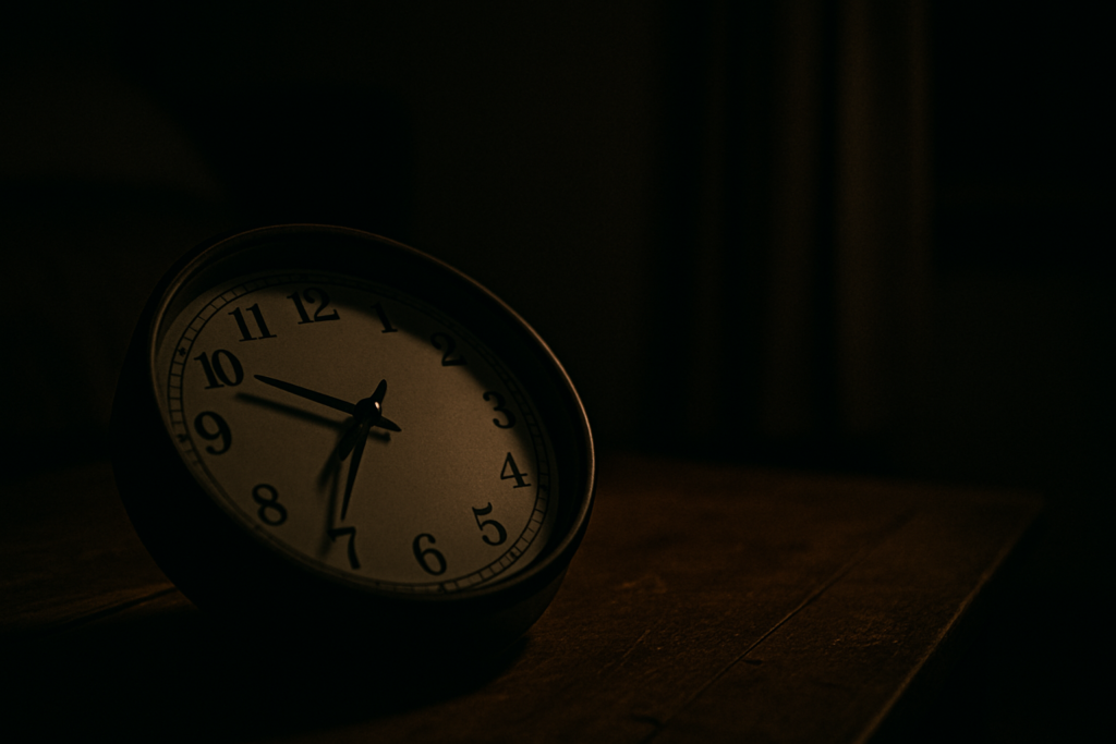 A close-up of a black-framed clock on a wooden surface in a dimly lit room evokes the passage of time and cellular decay. The moody lighting and stillness symbolize the irreversible breakdown of cellular energy systems when mitochondria are destroyed.