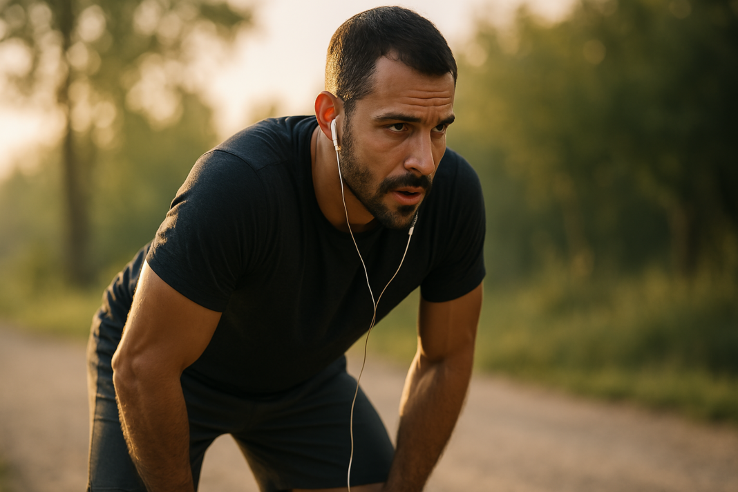 A fit man sits alone in a sunlit park during early morning, resting post-run with sweat on his brow and a focused, reflective expression. The warm natural light and his athletic posture symbolize the vital role of muscle mitochondria in powering physical performance and endurance.