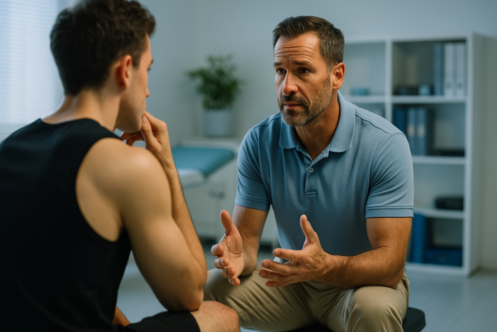 A physical therapist and a young athlete engage in a focused discussion inside a bright clinical office with cool fluorescent lighting. Their attentive body language and professional environment highlight the importance of understanding muscle mitochondria in recovery and peak physical performance.