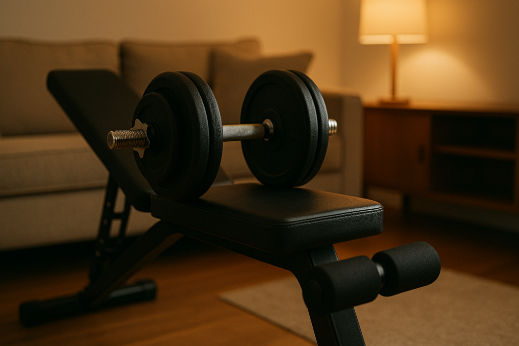 A black weight bench with a dumbbell rests in a warmly lit living room, surrounded by cozy furniture and soft lamp light. The inviting home gym setup subtly illustrates how muscle mitochondria are activated in strength training and recovery routines.