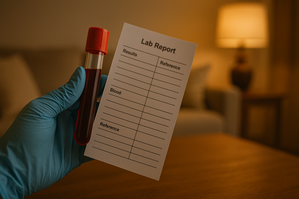 A gloved hand holds a blood sample and lab report in a warmly lit living room, with soft furniture and a table lamp in the background. The clinical object in a homey environment emphasizes how accessible blood testing can reveal hidden mitochondrial deficiencies behind fatigue and metabolic imbalance.