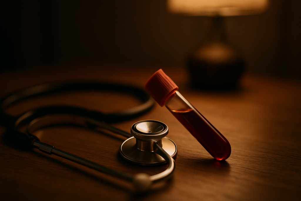 A stethoscope and a vial of blood rest on a wooden table under warm, low lighting, with a softly glowing lamp in the background. This intimate, symbolic setting underscores the role of diagnostic tools—like blood tests—in identifying mitochondrial dysfunction and energy-related health issues.