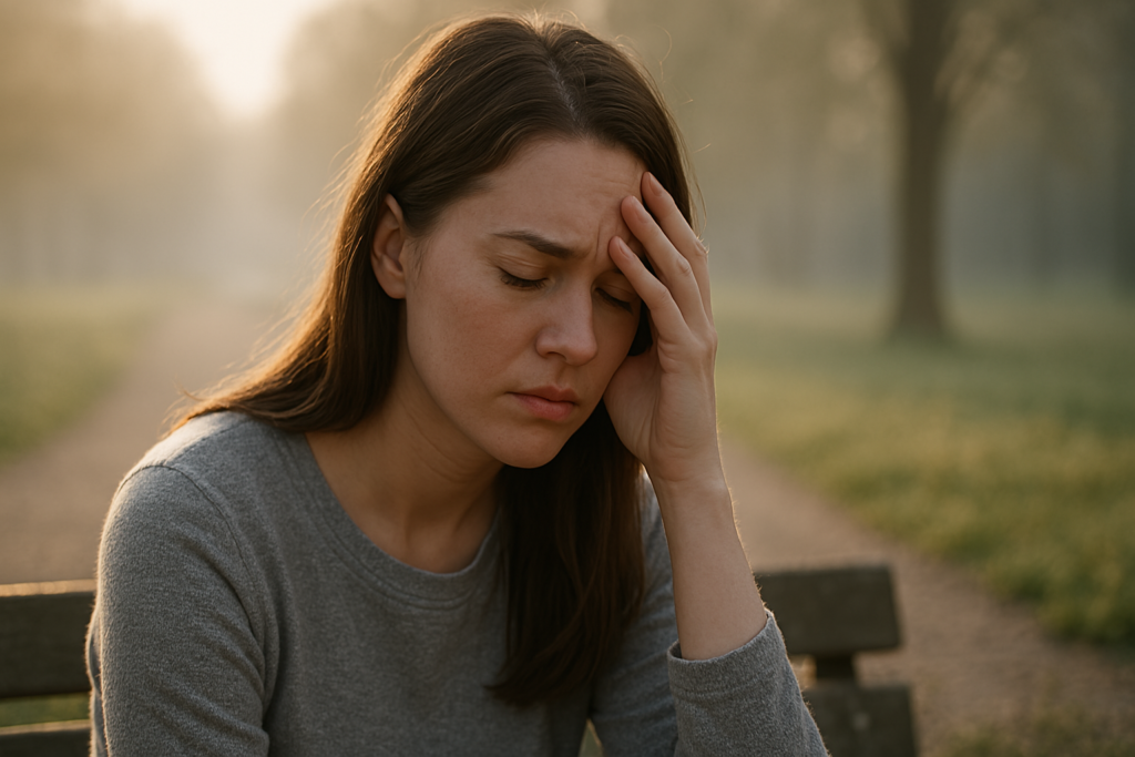 A tired young woman sits alone on a wooden park bench at sunrise, her eyes closed and shoulders slightly slumped in a moment of quiet fatigue. The soft golden light and misty background enhance the emotional weight of the scene, symbolizing the underlying energy imbalance and metabolic strain often detected through mitochondrial blood testing.