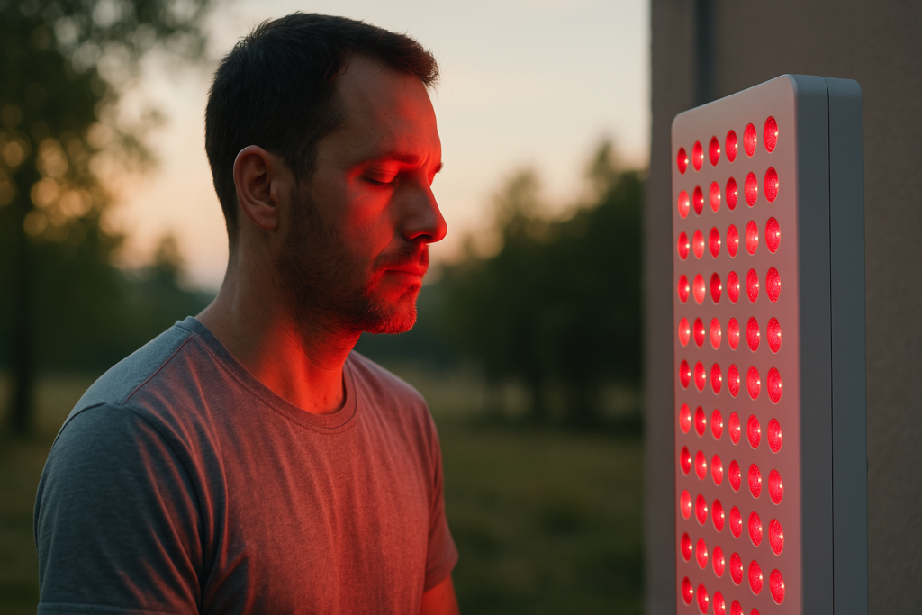 A man uses a red light therapy device outdoors during early morning, bathed in soft sunlight and red LED glow. His peaceful expression and the natural setting reflect the integration of light therapy into wellness routines aimed at enhancing mitochondrial energy and cellular health.