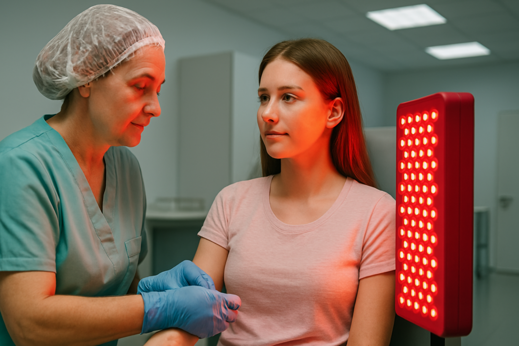 A healthcare professional delivers red light therapy to a young woman in a brightly lit clinical room, where cool fluorescent lighting contrasts with the red LED glow. The professional environment and attentive care reflect the therapeutic use of red light to support mitochondrial function and cellular healing.