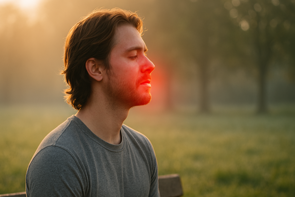 A young man stands quietly in a sunlit field at dawn, his thoughtful expression framed by soft golden light and early morning mist. The peaceful outdoor setting and contemplative mood underscore the article's theme of red light therapy promoting mitochondrial energy and recovery through natural, restorative approaches.
