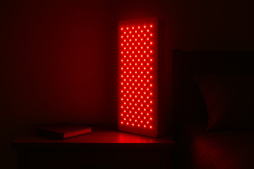 A red light therapy panel illuminates a dark bedroom, casting a vivid red glow over a nightstand and journal beside a softly lit bed. The moody lighting and focused design evoke a therapeutic ambiance, visually supporting the article’s focus on how red light stimulates mitochondria for energy recovery and cellular repair.
