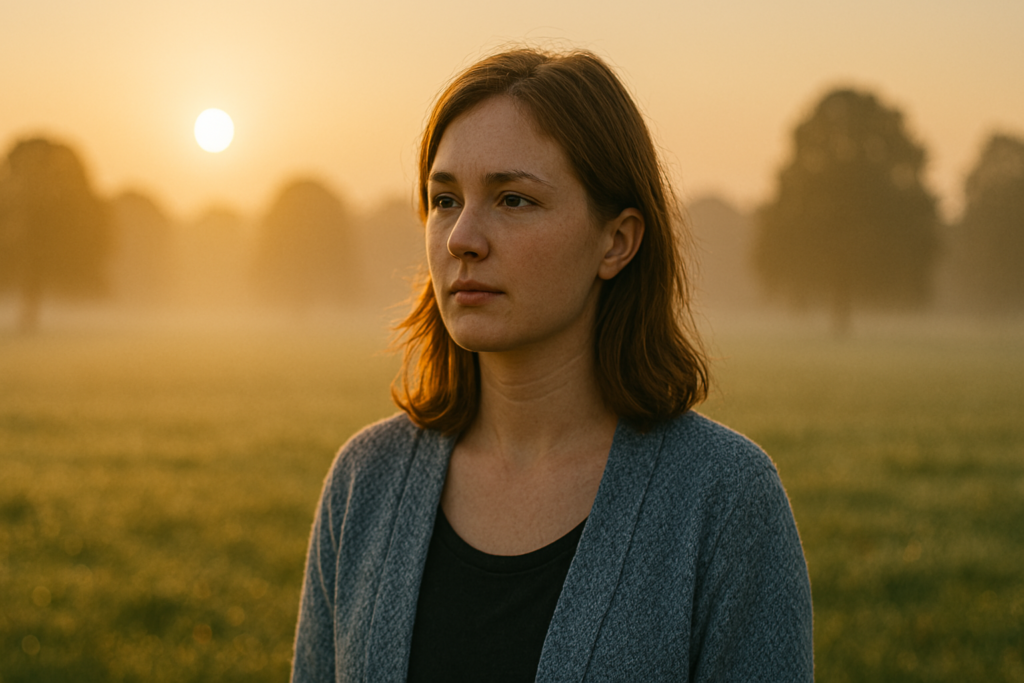 A young woman stands quietly in a misty sunrise field, her thoughtful gaze turned sideways as warm golden light illuminates her face and cardigan. The serene landscape and introspective tone mirror the emotional depth of the article’s theme, highlighting the personal journey and scientific pursuit of a potential mitochondrial myopathy cure.