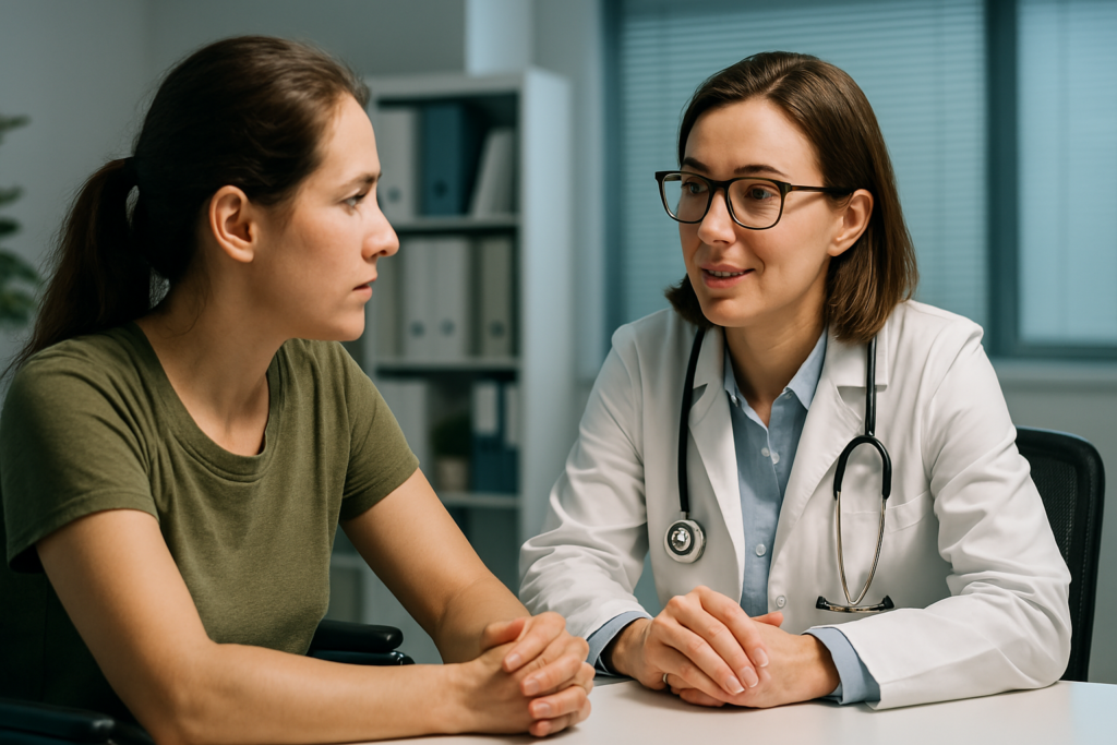 A female doctor attentively consults with a young woman in a wheelchair inside a bright, clinical office with cool fluorescent lighting. The engaged conversation and compassionate interaction reflect the collaborative efforts in diagnosing and managing primary mitochondrial myopathy, reinforcing the human connection behind medical advancements.
