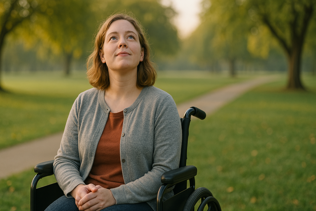 A young woman in a black wheelchair sits beneath the golden afternoon light in a lush park, her gaze lifted with peaceful optimism. This composition emphasizes the emotional resilience of those affected by primary mitochondrial myopathy, reinforcing themes of perseverance, healing, and hope in the face of chronic illness.