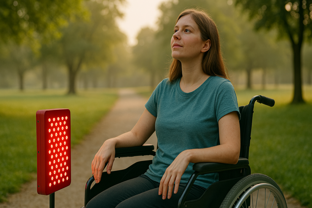 A young woman in a wheelchair sits in a peaceful park under soft morning sunlight, her upward gaze calm and hopeful. This serene outdoor setting captures the emotional depth and resilience often present in individuals living with primary mitochondrial myopathy, emphasizing the human side of the ongoing search for a cure.