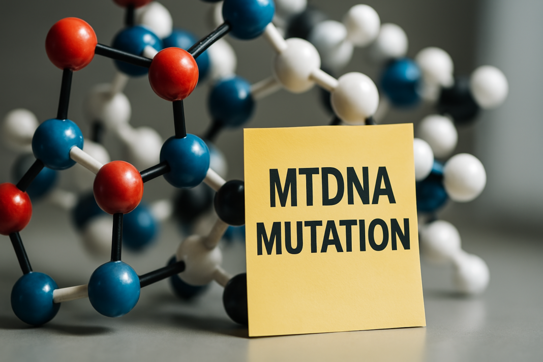 A detailed 3D molecular model of mitochondrial DNA mutations sits beside a yellow sticky note labeled 