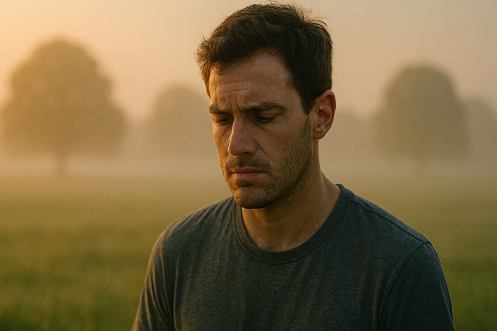 A close-up of a light-skinned man standing in a foggy dawn field shows his serious, contemplative face lit by soft sunrise tones. The blurred trees and muted grassy background create a quiet emotional space, visually reflecting the internal struggle and inherited challenges tied to mitochondrial genetic disorders and mtDNA disease.