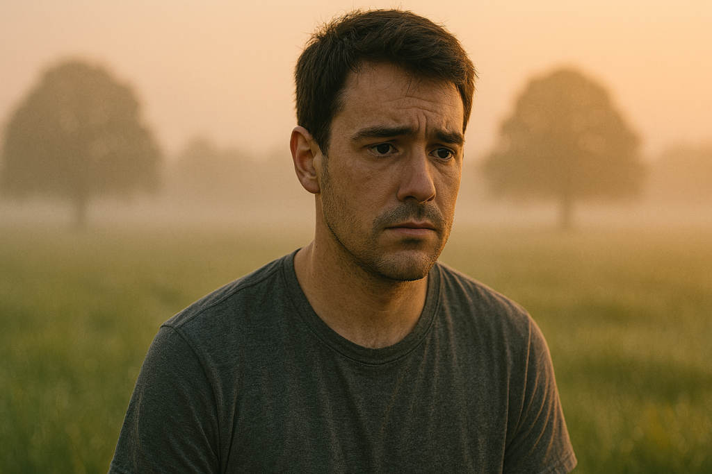 A young man stands quietly in a fog-covered field at sunrise, his somber expression and distant gaze capturing a sense of uncertainty and quiet resilience. The golden mist and soft natural lighting enhance the emotional depth of the scene, symbolizing the complex emotional journey associated with mitochondrial genetic disorders and their impact on inherited health.