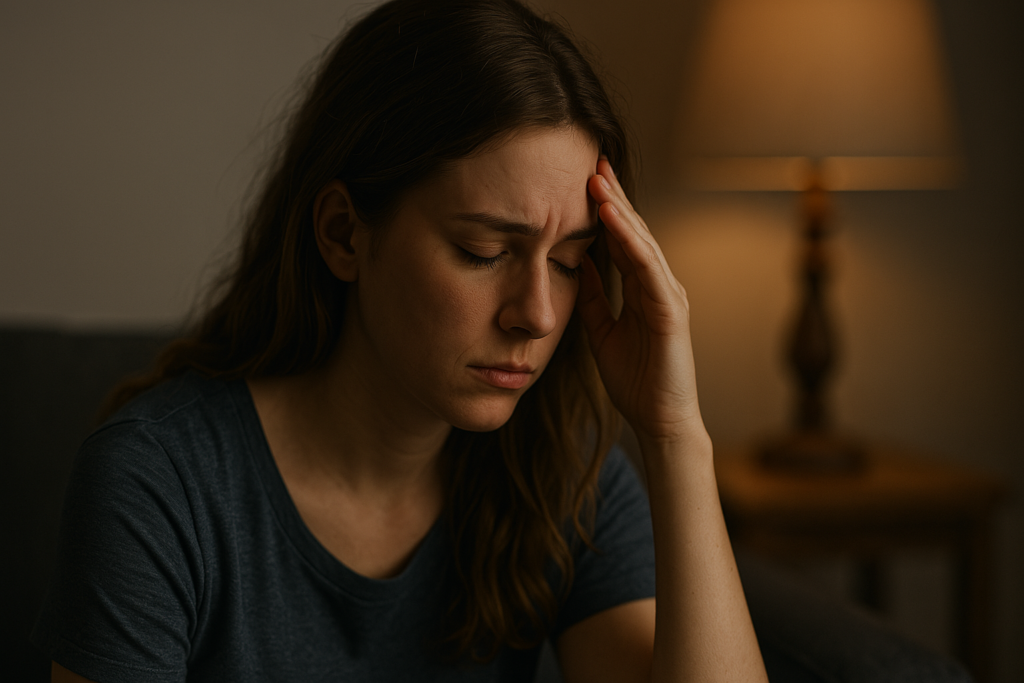 A young woman sits quietly on a dimly lit couch, eyes closed and hand near her forehead, as a warm lamp casts moody shadows around her. The subdued lighting and contemplative pose reflect the emotional weight often carried by individuals affected by mitochondrial genetic disorders and inherited health uncertainties.