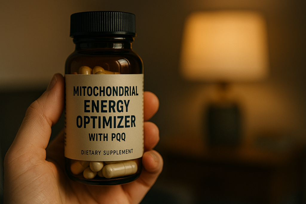 A hand gently holds an amber glass bottle labeled “Mitochondrial Energy Optimizer with PQQ” under warm, moody lighting in a cozy room. The intimate scene emphasizes the supplement’s role in enhancing cellular energy and supporting longevity through mitochondrial health.