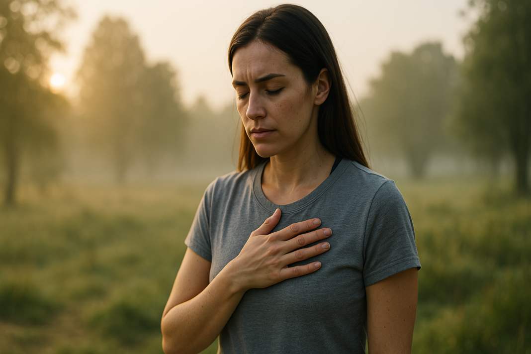 A young woman stands calmly in a misty field at sunrise, her hand placed gently on her chest as soft light filters through nearby trees. The peaceful, reflective mood and natural setting evoke the cellular balance and inner vitality supported by mitochondrial energy enhancers like PQQ