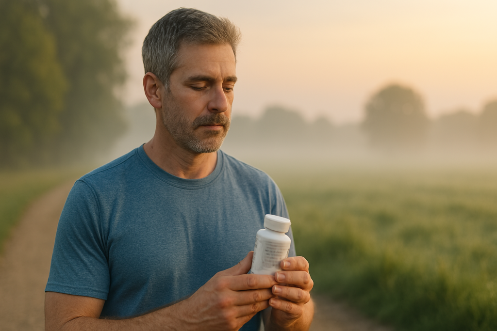 A middle-aged man with a contemplative expression stands quietly in a foggy sunrise field, holding a supplement bottle in both hands. The serene landscape and warm natural light underscore the article’s focus on how mitochondrial energy optimizers with PQQ may enhance longevity and cellular health through daily routines and mindful supplementation