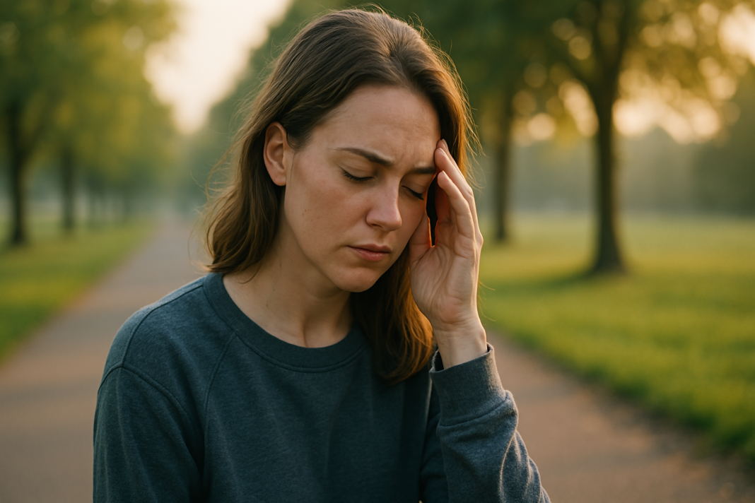 A young woman stands alone on a quiet park path during early morning light, her thoughtful gaze directed into the distance. Surrounded by soft greenery and calm ambiance, the image captures a serene outdoor environment that evokes the importance of reflection and routine in maintaining healthy core sleep patterns.