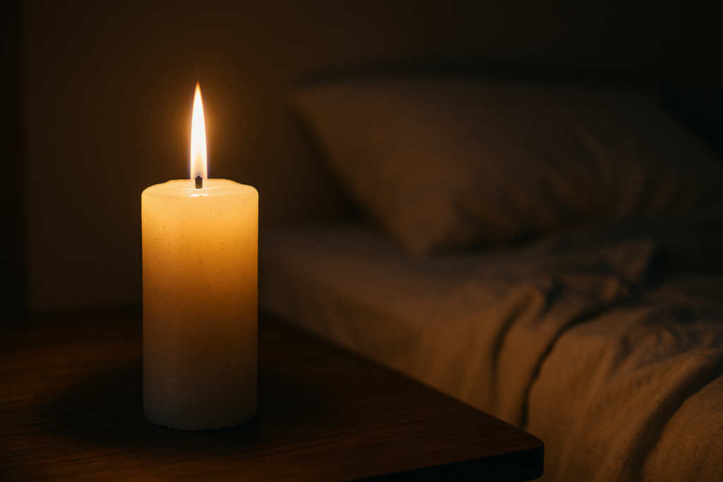A cozy bedroom at night features a softly glowing candle on a nightstand beside an unmade bed, with cool shadows and deep blue curtains enhancing the moody ambiance. This image reflects the emotional and environmental cues that impact core sleep quality and underscores the importance of nighttime routine in sleep health.